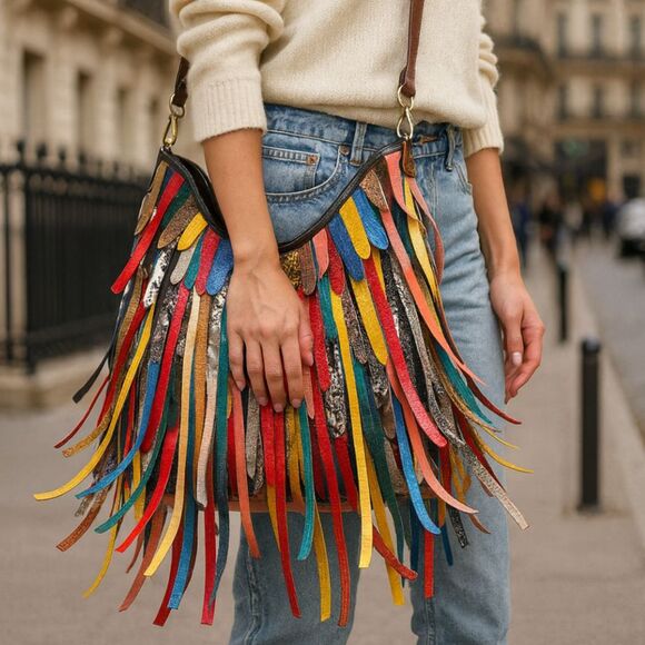 Colorful Tassel Leather Shoulder Bucket Bag, Large Capacity Crossbody Purse - Picture 2 of 7